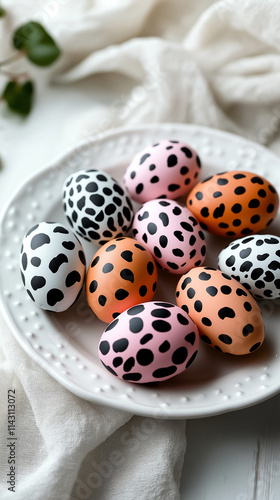Photo of festive colorful Easter eggs painted in leopard and zebra print, lying on a white plate