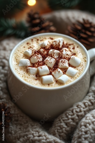 Warm mug of hot chocolate topped with marshmallows and cocoa powder beside cozy blankets and pine cones