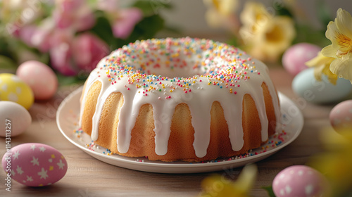 Festive Easter cake with white glaze and colorful sprinkles, surrounded by flowers and colored eggs