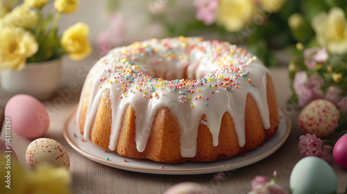 Festive Easter cake with white glaze and colorful sprinkles, surrounded by flowers and colored eggs