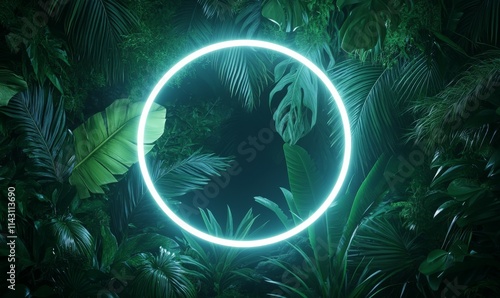 White Neon Light with Tropical Plants. Circle shaped Fluorescent Frame in Nature Environment.