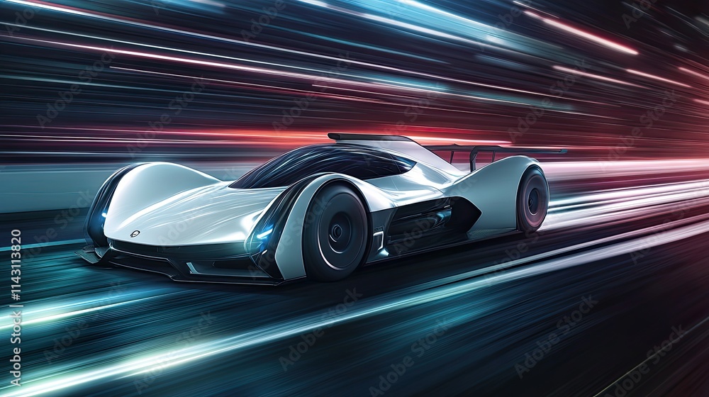 Futuristic Race Car: A sleek, white electric concept car speeds down a vibrant, neon-lit highway, leaving trails of light in its wake. The image captures the thrill of speed and innovation. Futuristic Race Car: A sleek, white electric concept car speeds down a vibrant, neon-lit highway, leaving trails of light in its wake. The image captures the thrill of speed and innovation.