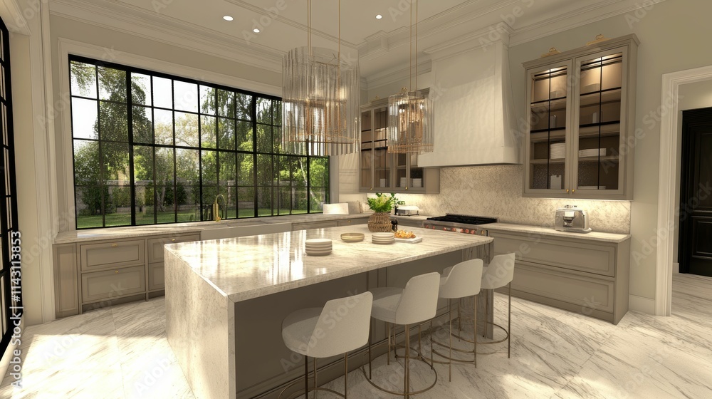 Modern kitchen, island, large window, light cabinets. Modern kitchen, island, large window, light cabinets.