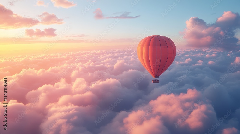 Obraz premium Hot air balloon floating peacefully in the sky, surrounded by fluffy clouds