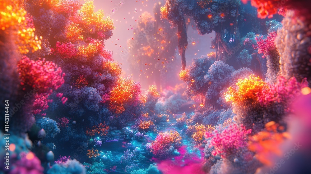 Imaginative scene of a fantasy game world with characters and landscapes bursting with color. Imaginative scene of a fantasy game world with characters and landscapes bursting with color.