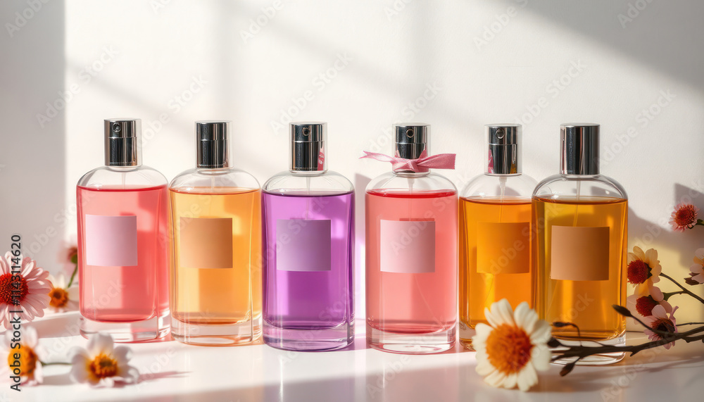 Elegant perfume bottles in various colors stand out against simple white backdrop. Transparent glass containers with light-colored labels arranged in row. Small flowers add touch of beauty. Bottles Elegant perfume bottles in various colors stand out against simple white backdrop. Transparent glass containers with light-colored labels arranged in row. Small flowers add touch of beauty. Bottles