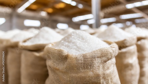 Freshly Milled White Sugar in Burlap Bags Stacked in a Large Storage Warehouse photo