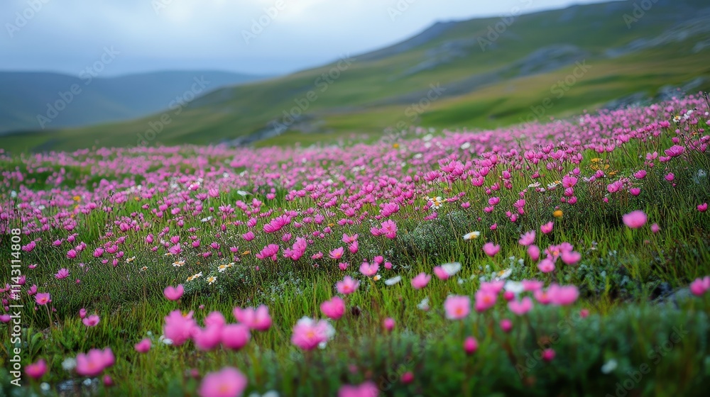Intricate pattern of blooming flowers on gentle hillside Intricate pattern of blooming flowers on gentle hillside