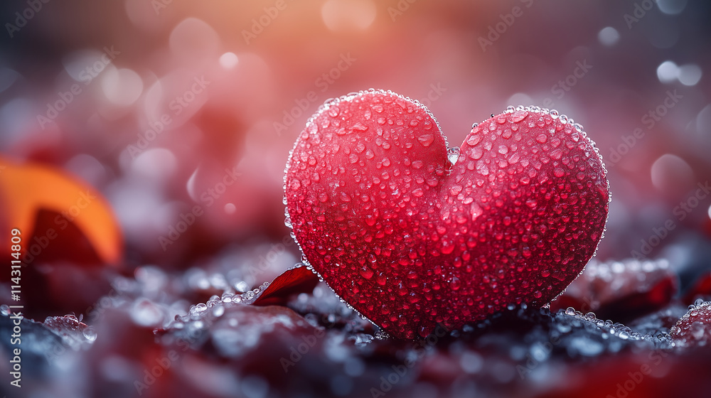 Heart covered in dew on a soft bed of leaves during a misty morning Heart covered in dew on a soft bed of leaves during a misty morning
