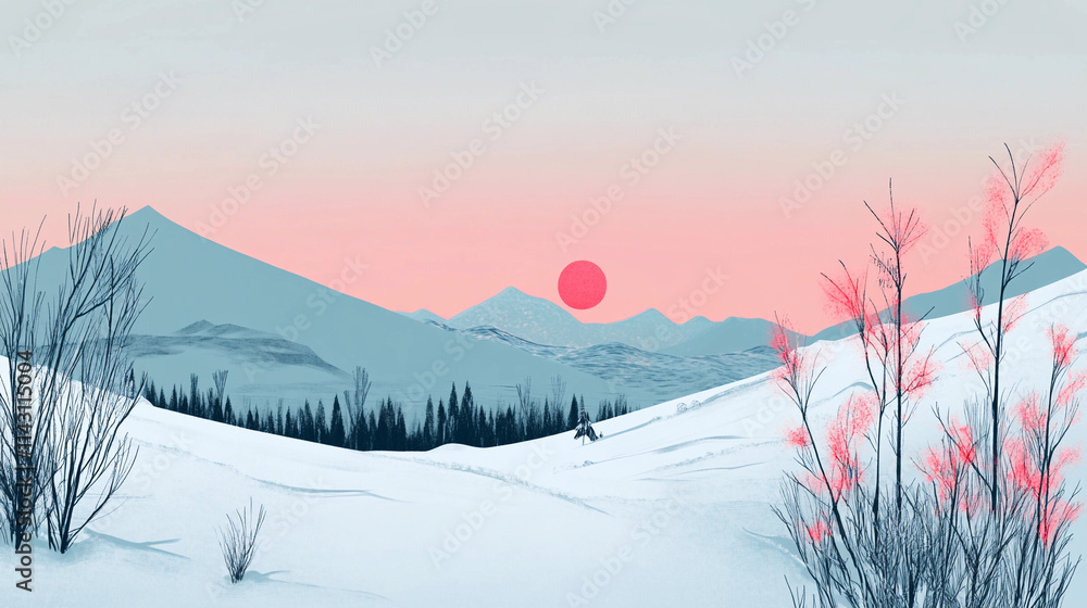 A snowy winter scene with solid orange setting sun snowing landscape sunset greeting card design A snowy winter scene with solid orange setting sun snowing landscape sunset greeting card design