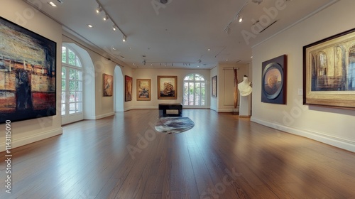 Gallery room  paintings  sculpture  hardwood floor.