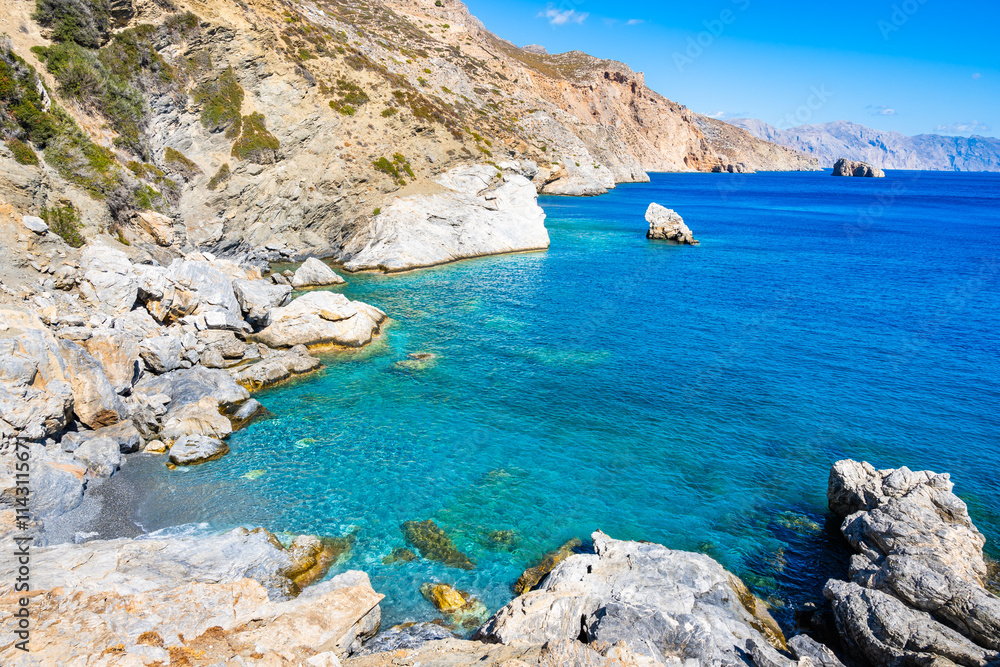 View of Agia Anna beach and beautiful mountains with blue sea, Amorgos island, Cyclades, Greece