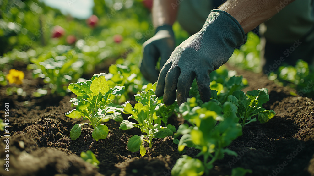 Gardening enthusiast planting flowers and vegetables in a lush garden bed Gardening enthusiast planting flowers and vegetables in a lush garden bed
