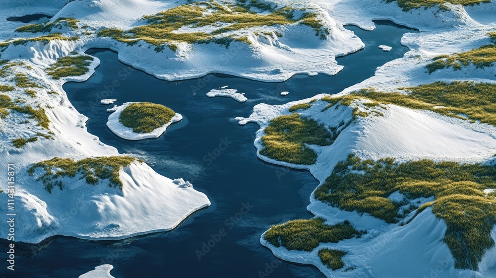 Arctic Wonderland: Aerial view of a serene winter landscape, showcasing snow-covered hills and frozen turquoise lakes. The image evokes a sense of tranquility and untouched beauty. Arctic Wonderland: Aerial view of a serene winter landscape, showcasing snow-covered hills and frozen turquoise lakes. The image evokes a sense of tranquility and untouched beauty.