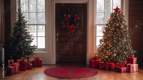 Wallpaper Mural Beautifully decorated entryway with Christmas trees, gifts, and wreath during winter Torontodigital.ca