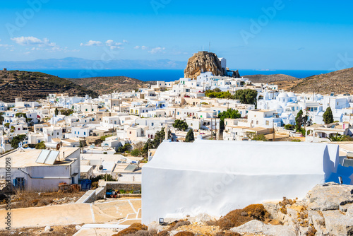 View of small chapel and Chora village from trekking trail, Amorgos island, Cyclades, Greece