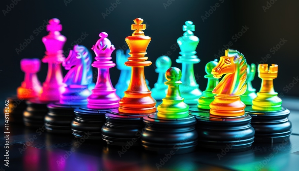 chessboard and pieces with colorful neon design on a black background chessboard and pieces with colorful neon design on a black background