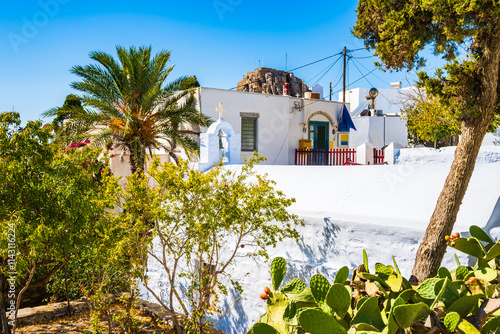 Obraz na płótnie House garden with tropical flowers and plants in Chora village, Amorgos island, Cyclades, Greece w salonie