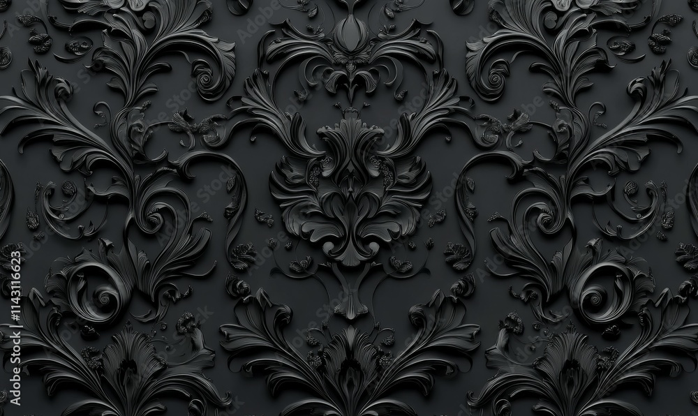Black 3D Rococo Pattern Background. Intricate Dark Decorative Wallpaper. Black 3D Rococo Pattern Background. Intricate Dark Decorative Wallpaper.