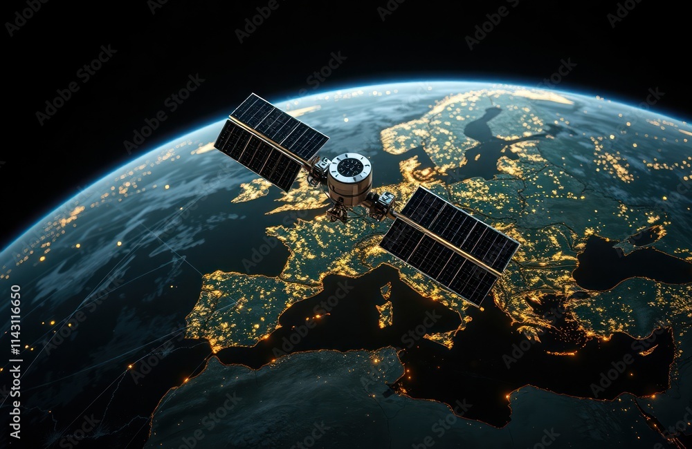Satellite in low earth orbit above Europe. Global internet connectivity via telecommunication satellite. Network transmission, globalisation, high tech. Space tech innovation, digital services. Globe Satellite in low earth orbit above Europe. Global internet connectivity via telecommunication satellite. Network transmission, globalisation, high tech. Space tech innovation, digital services. Globe
