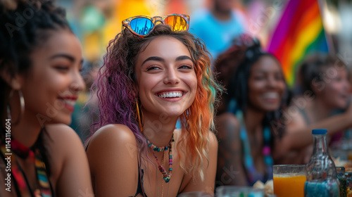 Multicultural group of friends enjoying a vibrant festival celebration with laughter and colorful decorations