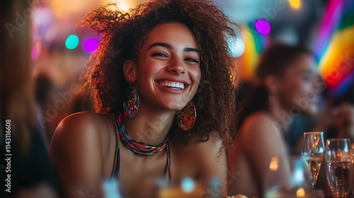 Multicultural friends enjoy a lively evening at a vibrant gathering celebrated in a colorful venue