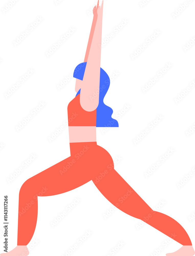 Φωτογραφία Young woman with blue hair, wearing orange sportswear, is performing a yoga warr