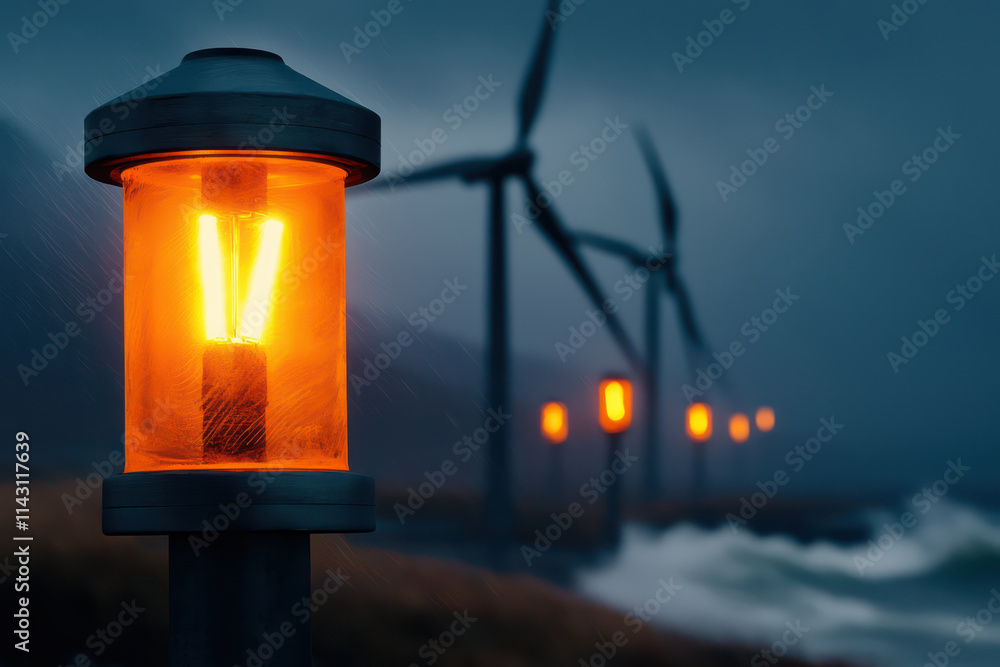 serene scene featuring illuminated lanterns beside wind turbines, creating tranquil atmosphere amidst stormy weather serene scene featuring illuminated lanterns beside wind turbines, creating tranquil atmosphere amidst stormy weather