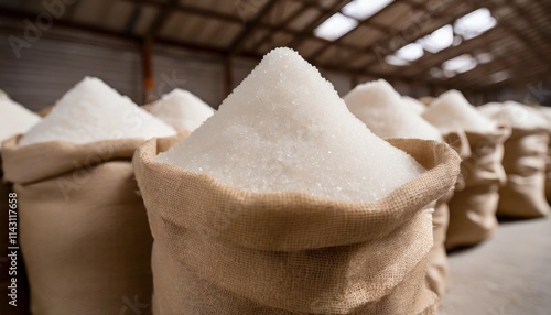 Freshly Milled White Sugar in Burlap Bags Stacked in a Large Storage Warehouse photo