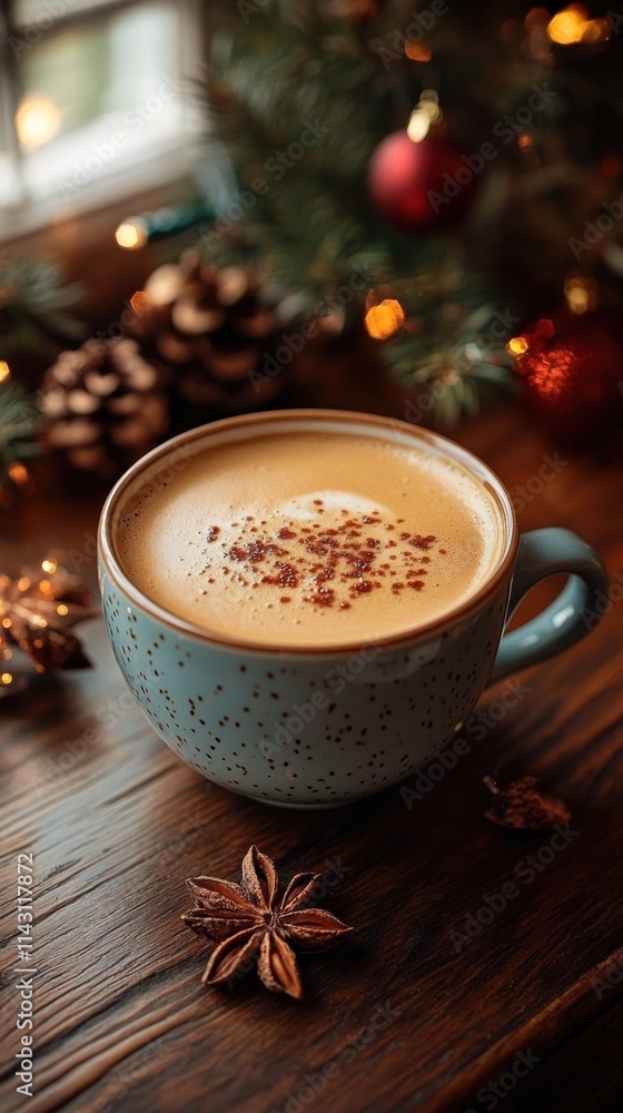 Steaming cup of coffee garnished with spices placed on a wooden table beside festive decorations in a cozy setting Steaming cup of coffee garnished with spices placed on a wooden table beside festive decorations in a cozy setting