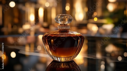 Ornate perfume bottle, amber liquid, elegant setting.
