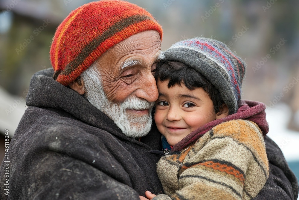 Elderly man warmly embraces young child. Elderly man warmly embraces young child.