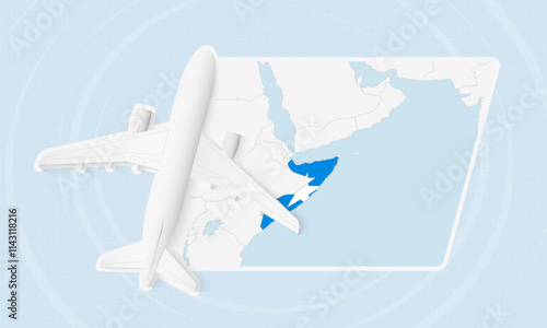 Somalia Travel Illustration with Plane and National Flag. Airplane Flying Over Somalia Map.