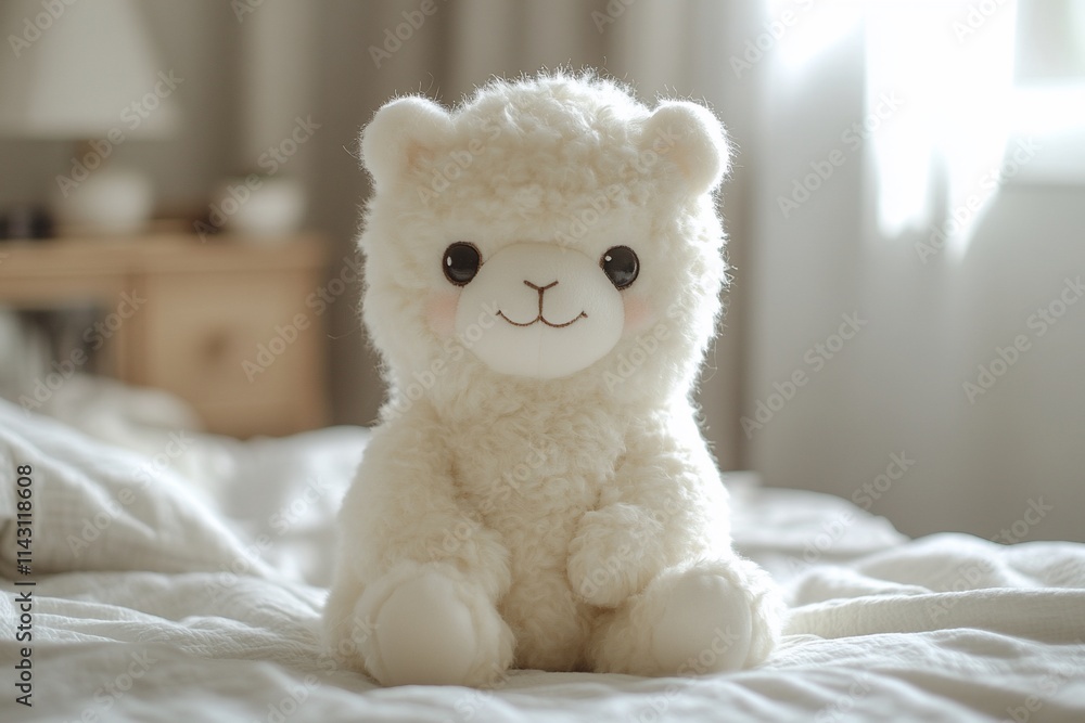 Adorable plush alpaca toy sitting on a bed. Adorable plush alpaca toy sitting on a bed.