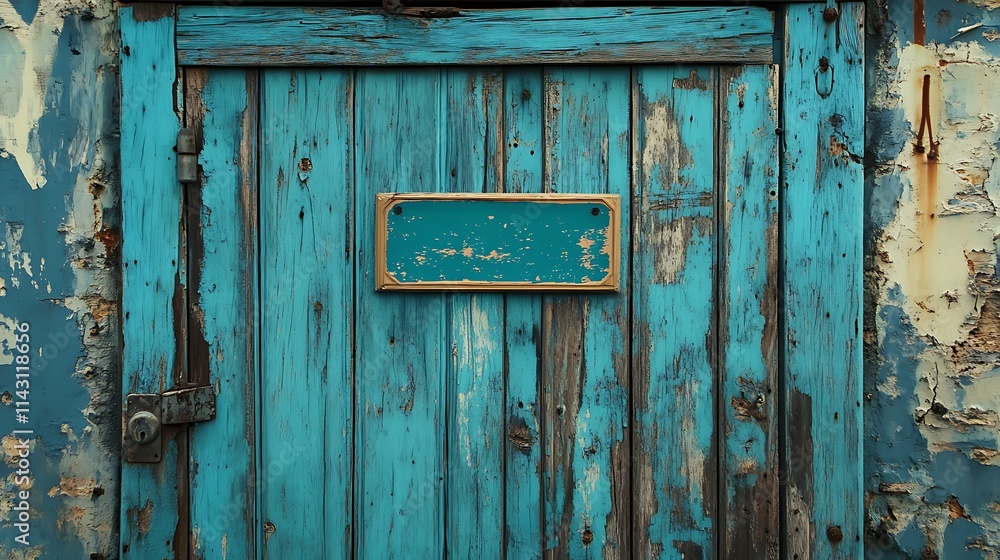 Weathered teal wooden door with blank metal plate. Weathered teal wooden door with blank metal plate.