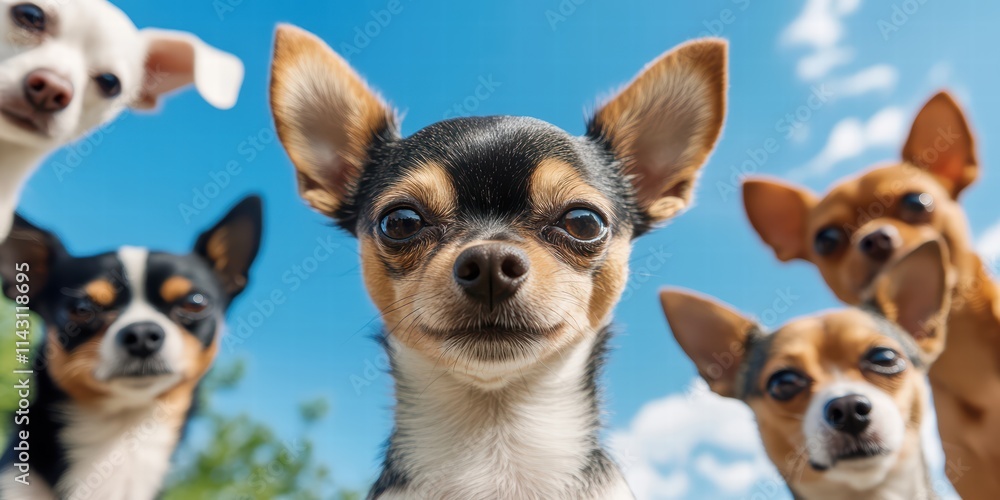 Happy Group of Playful Chihuahuas Under a Bright Blue Sky Happy Group of Playful Chihuahuas Under a Bright Blue Sky