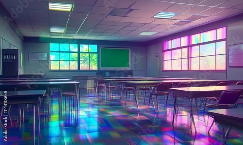 Class room. Soft blues and purples. Chromes and metallics. Rainbow glare. Learning tool. Class room. Workshop.