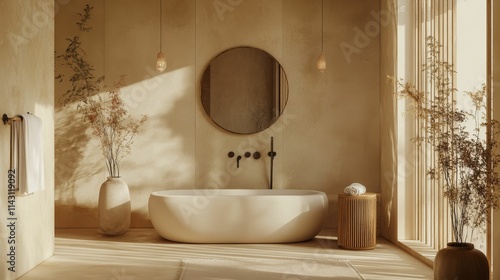 Sunlit minimalist bathroom  freestanding tub  plants.