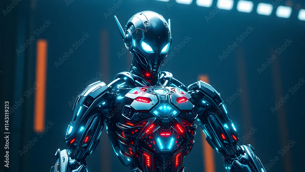 Naklejka premium Futuristic robot with glowing lights in dark background.