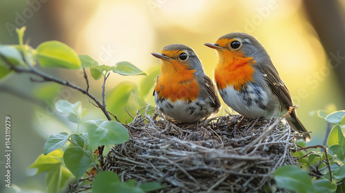 Wildlife birds constructing nests during springtime in a lush environment