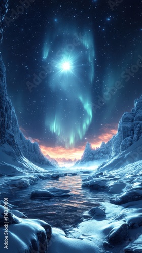 Shimmering auroras illuminate an icy plain beneath a starry sky at twilight