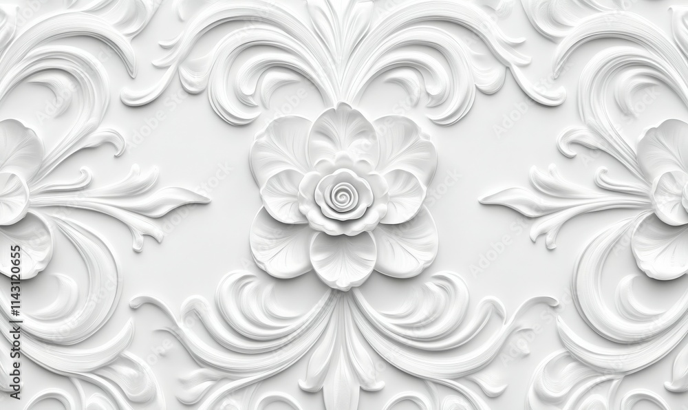 Elegant Light Ornate Pattern Wallpaper. White 3D Rosette Background. Elegant Light Ornate Pattern Wallpaper. White 3D Rosette Background.