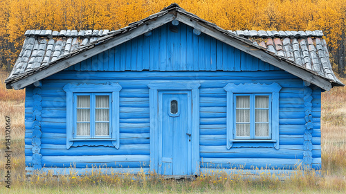 A small, bright blue wooden house with a vibrant yellow background of autumn foliage.