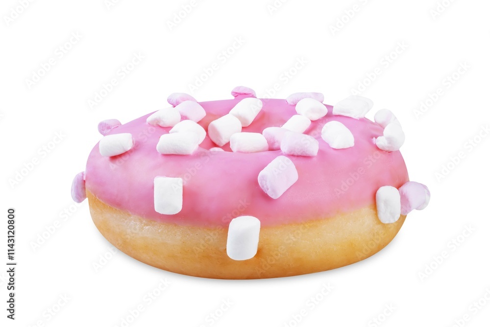 Pink donut with marshmallow topping on a white isolated background Pink donut with marshmallow topping on a white isolated background