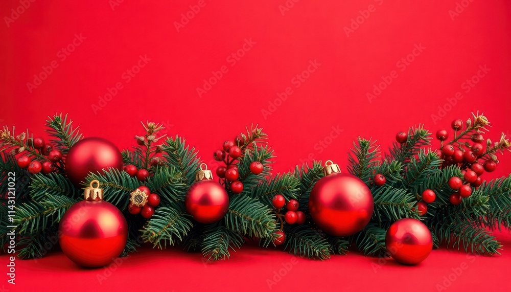 Red Christmas ornaments, evergreen branches create festive holiday scene on plain red background. Simple elegant design. Christmas tree decorations. Empty space perfect for product placement. Red Christmas ornaments, evergreen branches create festive holiday scene on plain red background. Simple elegant design. Christmas tree decorations. Empty space perfect for product placement.