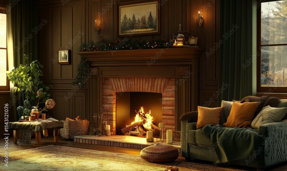 Fototapeta premium Family-friendly living room with a fireplace and warm ambiance,
