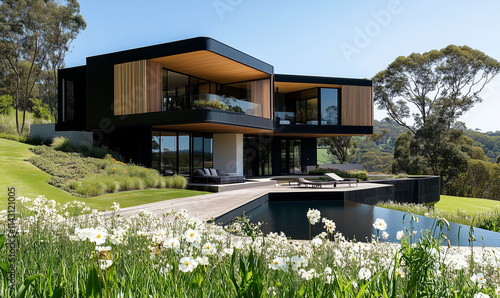 black ceramic,curved forms, assymetrical facade, wood slats, bold design,futuristic,photo, an architectural marvel positioned on top of a hill overlooking rolling hills in NSW volcanic rim region photo