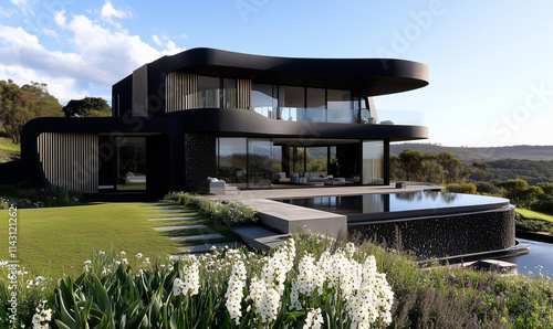 black ceramic,curved forms, assymetrical facade, wood slats, bold design,futuristic,photo, an architectural marvel positioned on top of a hill overlooking rolling hills in NSW volcanic rim region photo