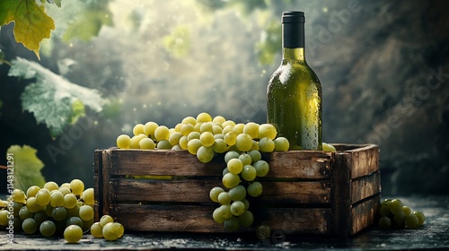 White wine bottle and green grapes in a wooden crate.