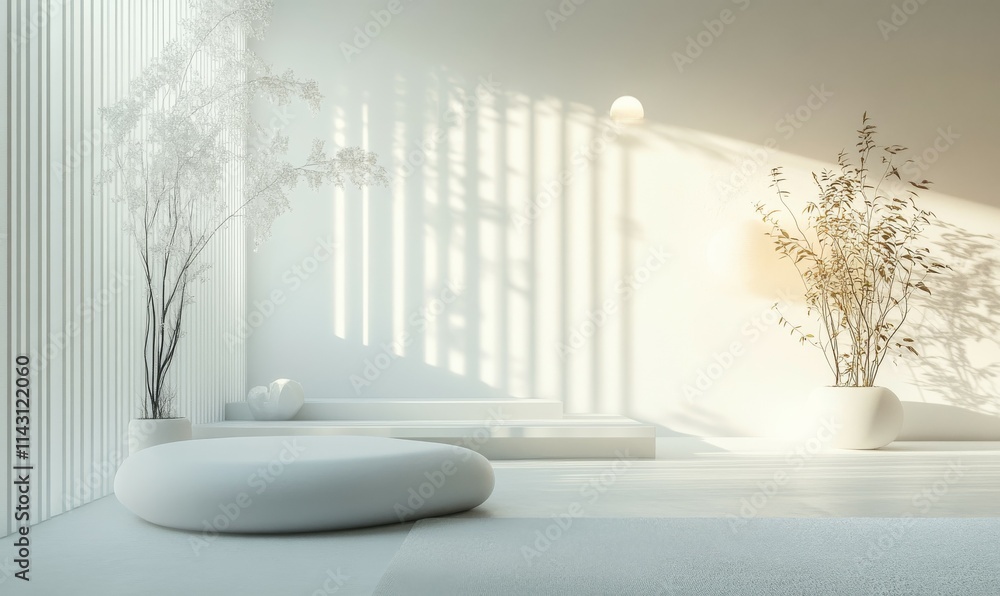 A clean room featuring a white plants, with atmospheric lighting, white color scheme, minimalist and simple design. A clean room featuring a white plants, with atmospheric lighting, white color scheme, minimalist and simple design.
